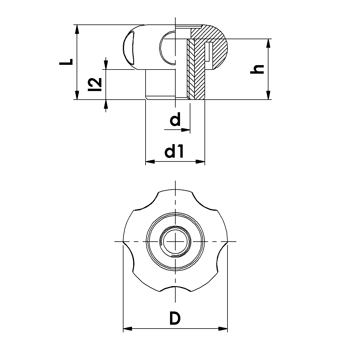 PLA9930_8FP Descriptive diagram of the measurements considered for the 5-lobe handwheel with bushing and through hole.