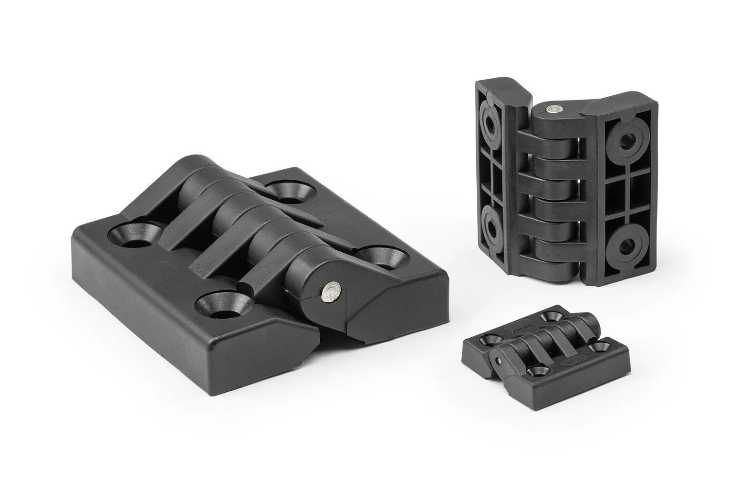 Three black hinges with through holes, of different sizes, arranged on a neutral background.