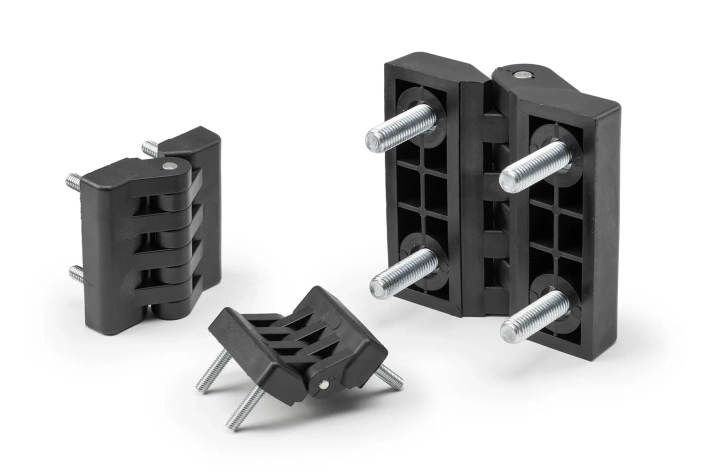 Three black hinges with screws, of different sizes, arranged on a neutral background.