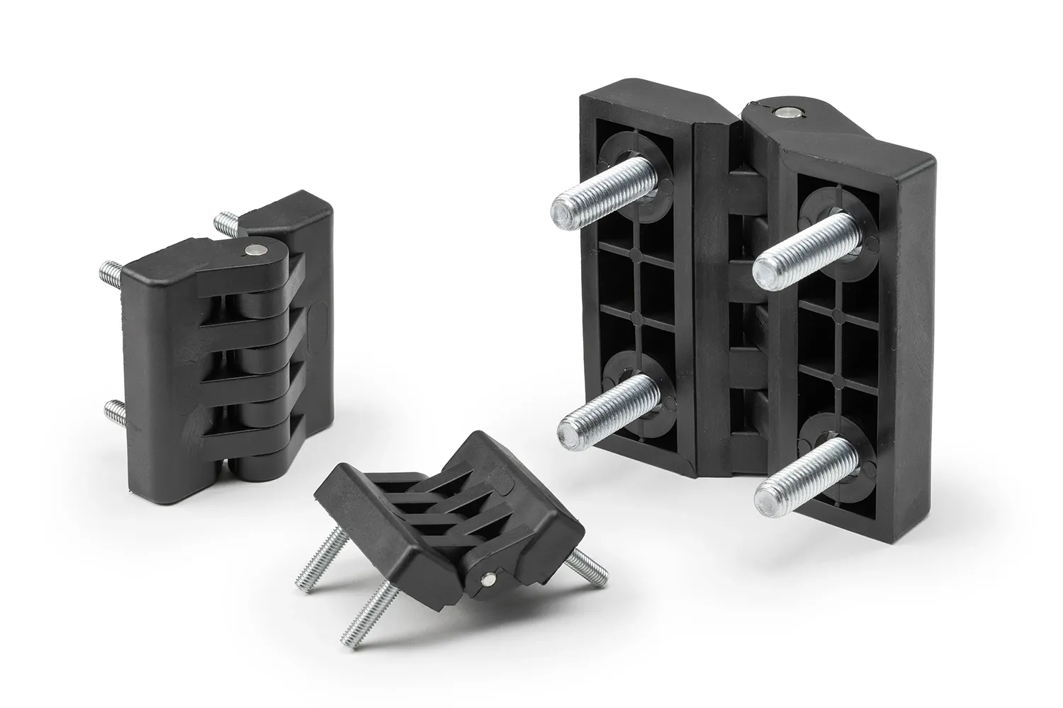 Three black hinges with screws, of different sizes, arranged on a neutral background.