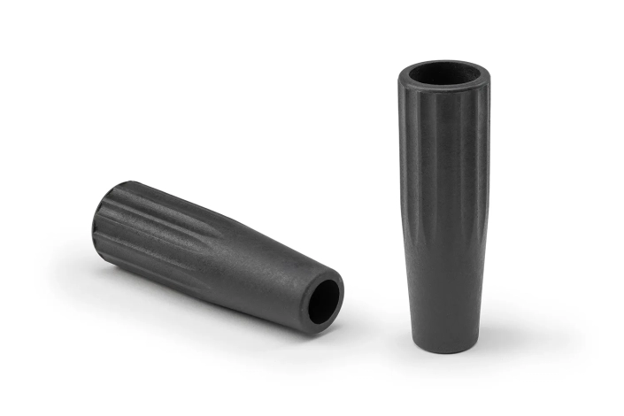 Monplast-Conical-Grip-Through-Hole Two black conical grips with through holes arranged on a neutral background.