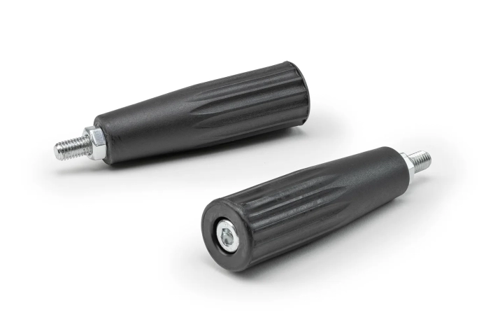 Monplast-Conical-Handle-Screw Two black conical handles with stud and nut arranged on a neutral background.