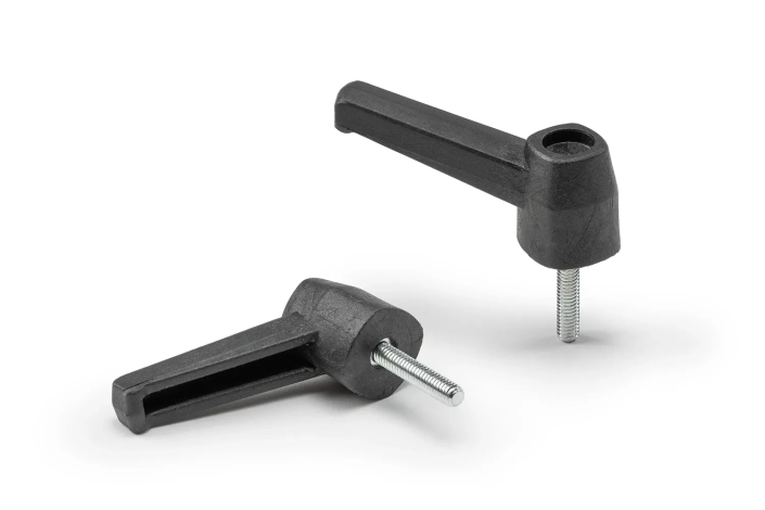 Monplast-Fixed-Levers-Stud Two black fixed levers with threaded stud arranged on a neutral background.