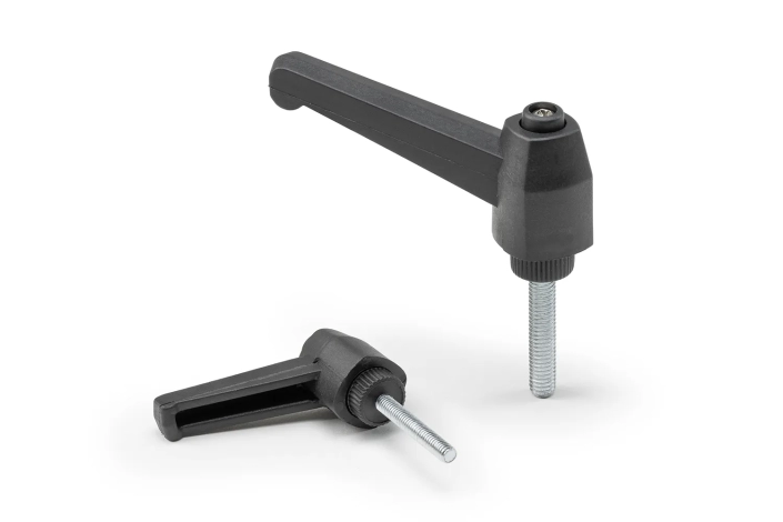 Monplast-Indexing-Levers-Stud Two black indexing levers of different sizes with threaded stud arranged on a neutral background.