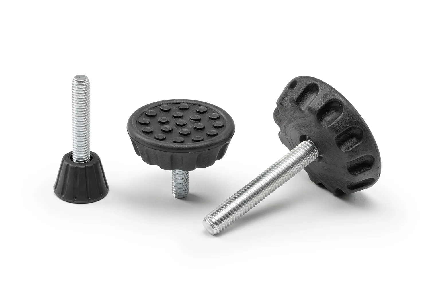 Three black fixed support feet with screws, in different sizes, arranged on a neutral background.