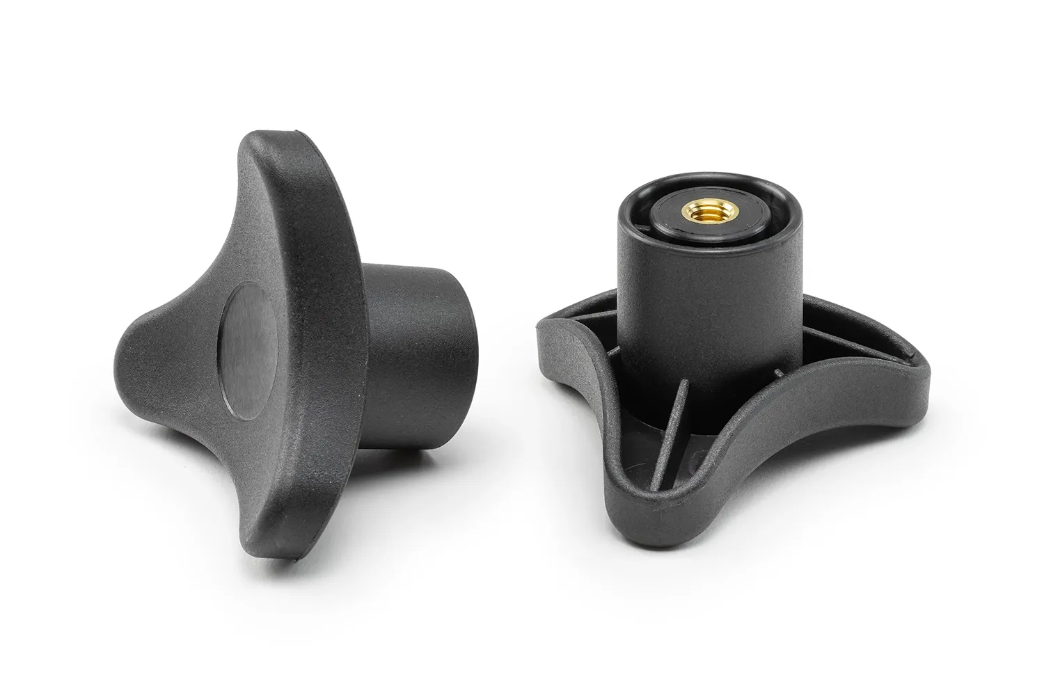 Two black 3-point handwheels with bushing arranged on a neutral background.