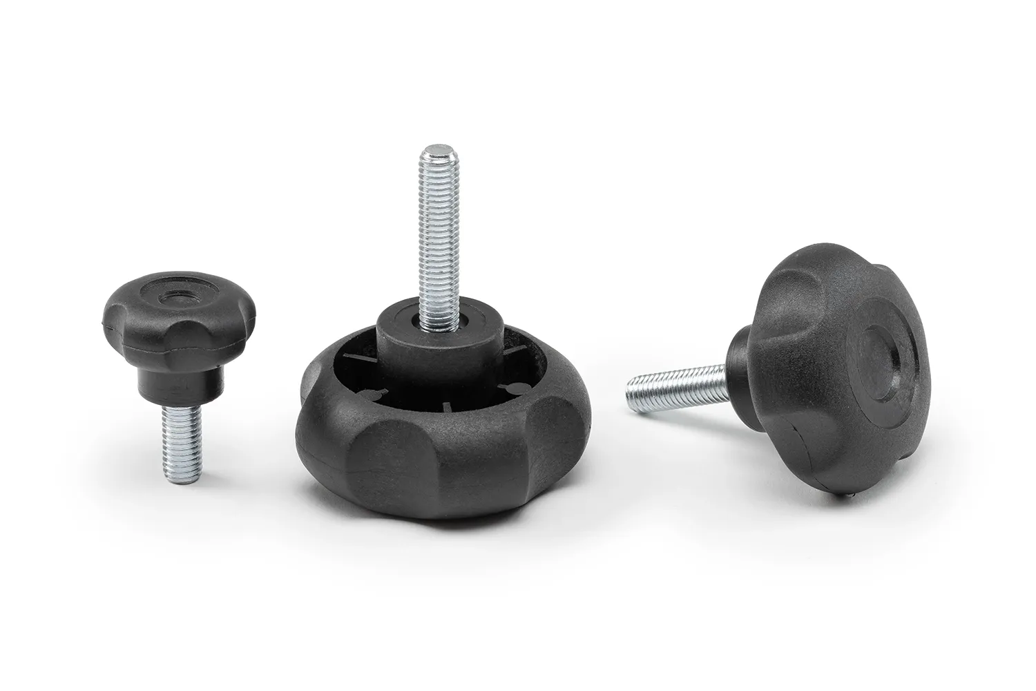 Three black 5-lobe handwheels with screws, of different sizes, arranged on a neutral background.