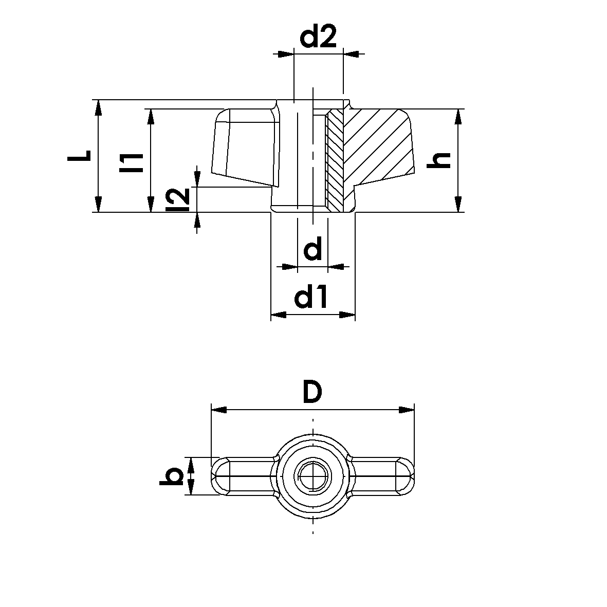PLA9534_5FP Descriptive diagram of the measurements considered for the wing nut fastener with bushing and through hole.