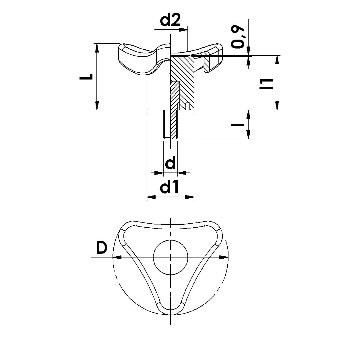 PLA9702P_10X20 Descriptive diagram of the measurements considered for the 3-lobe handwheel diameter 80 with screw.